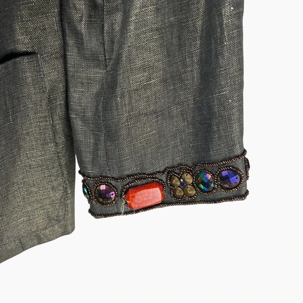 Boston Proper Linen Jacket 3/4‎ Sleeve Blazer Metallic Gold Brown Beaded Sz 10